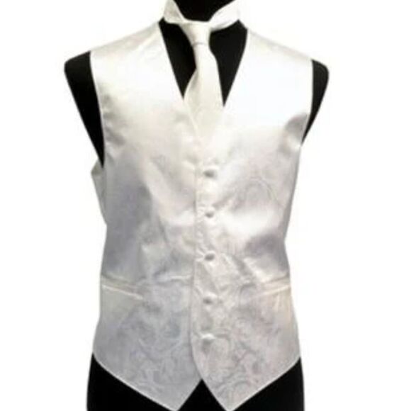 New Men's white paisley tuxedo vest size & neck tie, pocket square L - Picture 2 of 8